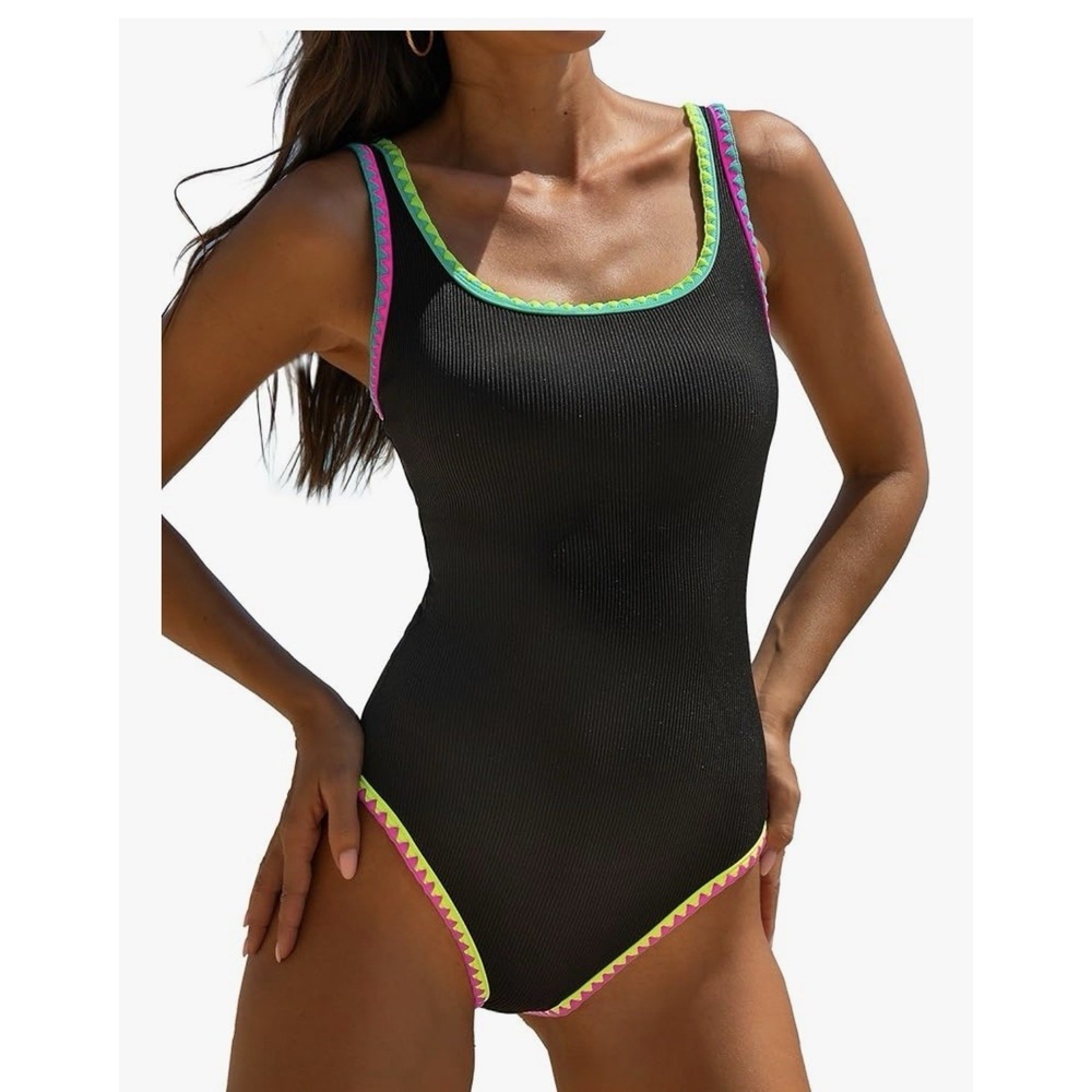 Popvil One Piece Swimsuit Women Small Black New Tummy Control Neon Sporty
